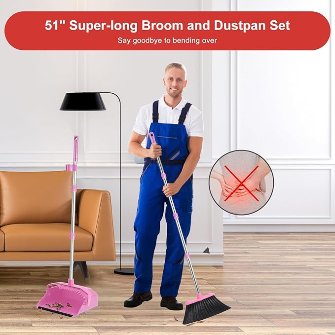 Tiumso Broom with Dustpan Combo Set, 51'' Broom and Dustpan Set, Brooms and Dust Pan with Handle, Brooms with Standing Dustpans, House Broom for Pets Hair and Floor Cleaning - Pink