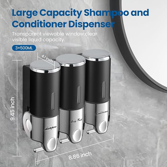 EXIN DECHEN Shampoo and Conditioner Dispenser(Triple x 16.9 oz,Black) | Easy Installation,Wall-Mounted,Bottle Separable,Large Capacity,Shower Shampoo Conditioner Body Wash Dispenser for Bathroom