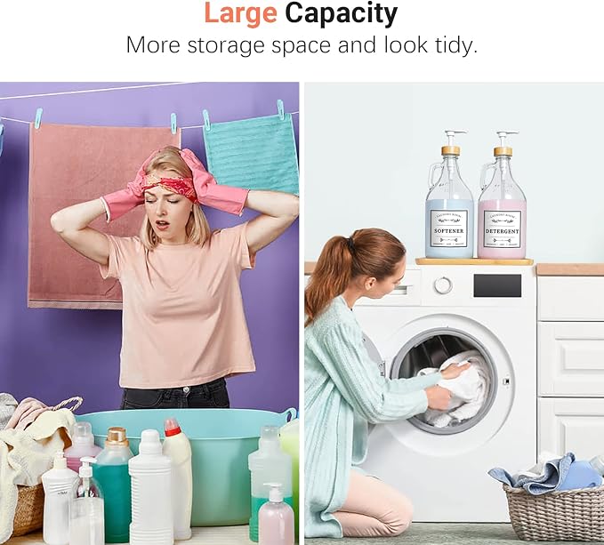 2 Pcs Glass Laundry Detergent Dispenser Bottle, Liquid Laundry Soap Dispenser for Laundry Room, 64oz Detergent Bleach Softener Dispenser for Farmhouse Decor, Includes Bamboo Pumps Tray Funnel Labels