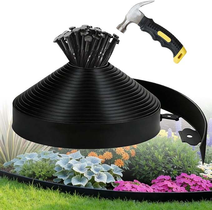 Kryonix 4 in x 120 ft Landscape Edging with Stakes | Flexible plastic no-dig garden edging with 150 stakes. Easy install for lawns, flower beds & landscaping.