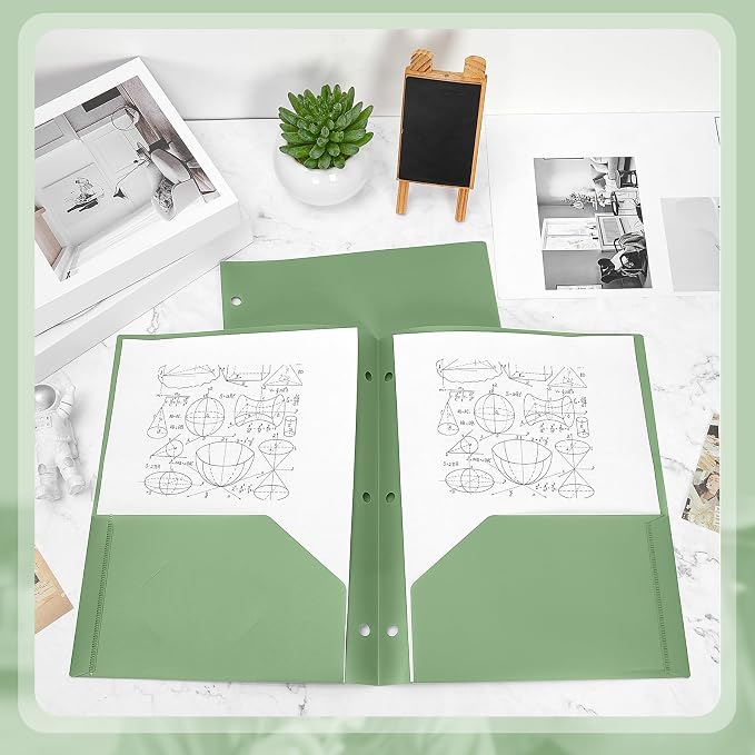 Yeaqee 100 Pcs Plastic Folders with Pockets Bulk 3 Hole Punched 2 Pocket File Folders for 3 Ring Binder Divider Folder for Notebooks, Durable Poly for Office Home (Sage Green)