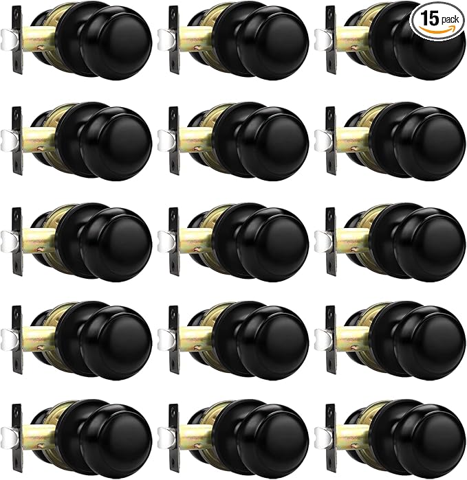 Probrico Passage Door Knobs Knobsets, Interior Ball Door Handles for Hallway and Closet, Matte Black Finish, Keyless Doorknobs, Bulk Pack of 15