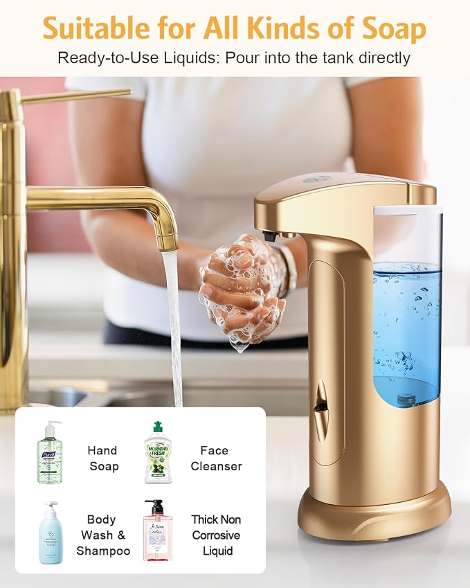 Automatic Soap Dispenser, 2 Pack Touchless Liquid Soap Dispensers, 370ml Battery Operated Hand & Dish Soap Dispenser with Infrared Sensor, 3 Dispensing Levels for Kitchen Bathroom, Gold