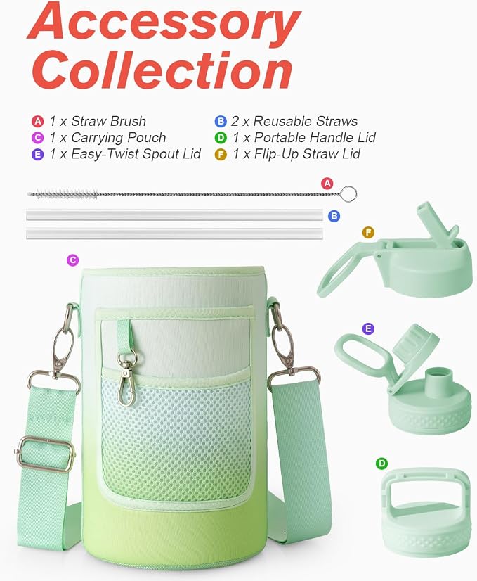 Half Gallon Water Bottle Insulated with Straw & 3 Lids, Coolflask 64 oz Water Jug Large Metal Stainless Steel Wide Mouth for Sports, Gym or Office, Non-BPA Keep Cold 48H Hot 24H, Ombre Green