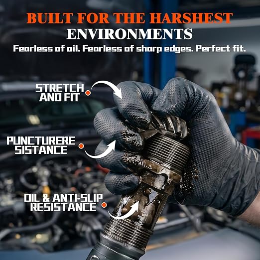 ANBOSON 10 Mil Heavy Duty Mechanic Nitrile Gloves, Large Black 100 Count | Diamond Grip,Latex Free,Chemical Resistant Disposable Thick Rubber Gloves for Auto Repair, Industrial, Food, Work ,BBQ,Men
