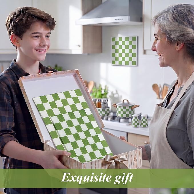 Thenshop Set of 2 Tempered Glass Cutting Boards Green Check Countertop Cutting Boards Heat Resistant with Non-slip Feet for Kitchen Counter Housewarming Wedding Gift 7.9x11inch+11x15 Inch