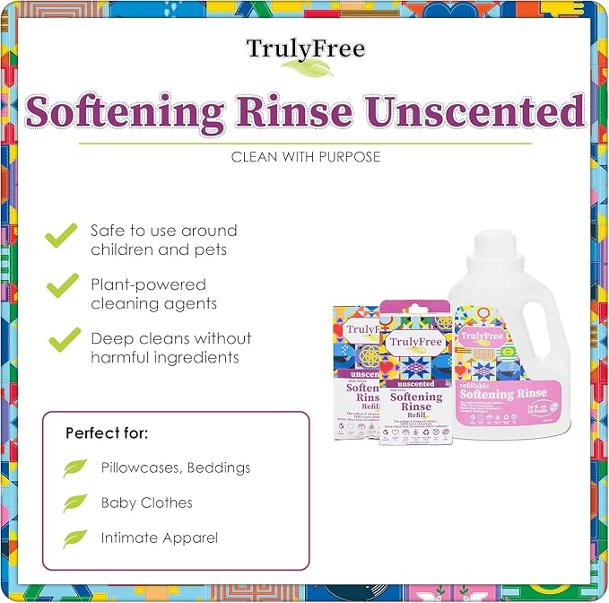 Truly Free Natural Fabric Softener | Non-Toxic for Babies & Kids Sensitive Skin | Plant-Based Laundry Softening Conditioner | Safe, Gentle & Chemical-Free | Unscented | 4 Pack Refill