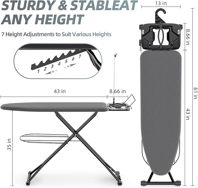 KINGBOARD Ironing Board, Compact Iron Board Full Size with Extra Thick Cover, 7 Adjustable Heights Stand with Hanger and Iron Rest, Large Heavy Duty Ironing Board with Storage Tray, 13x43 Black