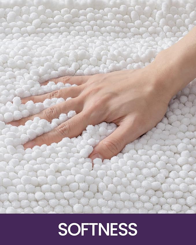 DEXI Bath Mats for Bathroom 43x24, Non Slip Washable Bathroom Rug, Thick Soft Chenille Absorbent Bathmat for Shower Floor, Fluffy Shaggy Carpet for Tub, White
