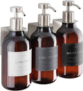 Shower Shampoo Dispenser Wall Mounted – 3 Refillable 16.9 oz Amber Bottles with Stainless Steel Pumps & No-Drill Adhesive Holders – Soap Dispenser Set for Bathroom (3 X Amber/Silver)