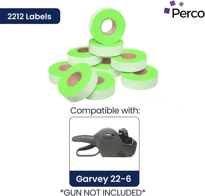 Perco Fluorescent Green Price Marking Labels - 11,000 Blank Labels for Garvey Contact 22-6/22-7/22-8 Price Gun with Ink Roll Included - 9 Rolls, 1 Sleeve - Made in USA