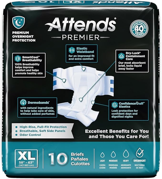 Attends Premier Adult Disposable SmartCool® Briefs, X-Large, 58-63" High-Rise Waist Tab Closure, Premium Overnight Dry-Lock Protection, Odor Control, 40ct Case
