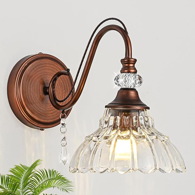 1 Piece Vintage Wall Sconce, 1-Light Matte Antique Red Bronze Finish Wall Sconce with Hanging Crystal Accents and Flower-Shaped Clear Shades for Bathroom Bedroom Living Room,Vintage Vanity Light