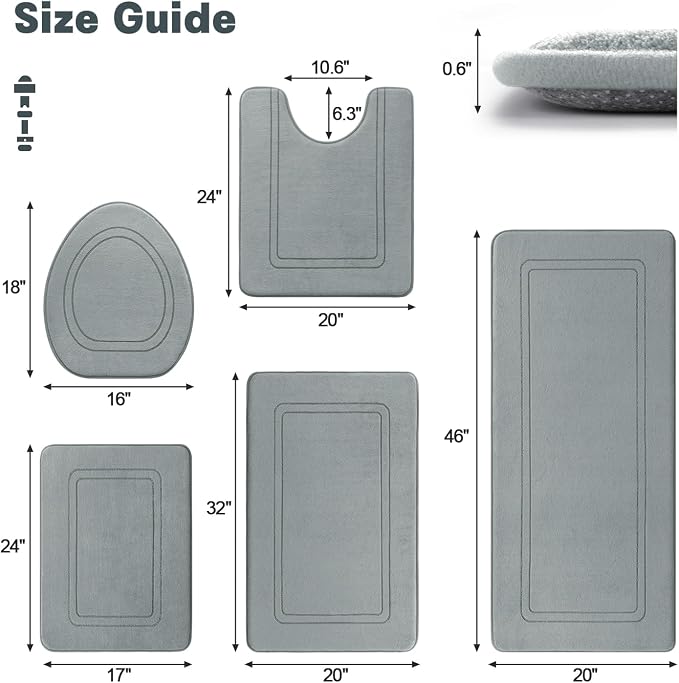 YIHOUSE Light Grey Memory Foam Bathroom Rug Set, 5 Piece Absorbent NonSlip Bath Mat for Bathroom, Washable Dry Quickly