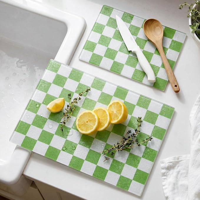 Thenshop Set of 2 Tempered Glass Cutting Boards Green Check Countertop Cutting Boards Heat Resistant with Non-slip Feet for Kitchen Counter Housewarming Wedding Gift 7.9x11inch+11x15 Inch