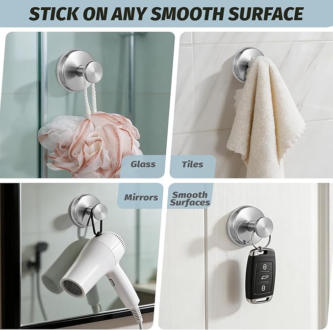Large 15lb Suction Cup Hooks for Shower, No-Drill Bathroom Towel Hooks for Robes, Loofah, Removable Mountable on Glass, Tile, Mirrors, Smooth Non-Porous Surfaces(4, Brushed Nickel)
