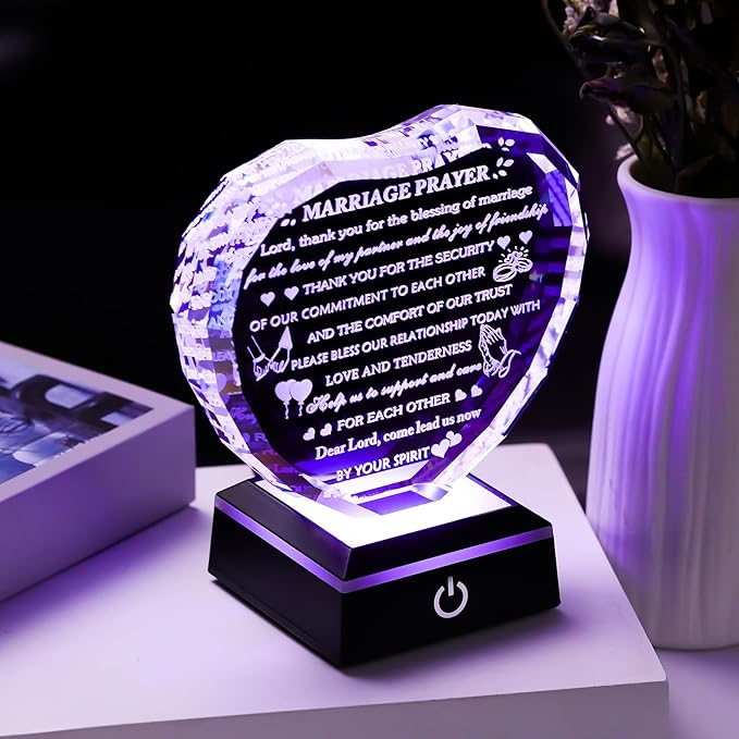 Arikyrist Wedding Gifts for Couples with Colorful LED Base 2026 Crystal Heart Anniversary Marriage Prayer Gifts, Newlywed Mr and Mrs Gift Decoration Sign Plaque Marriage Blessing Couple Bride Gift