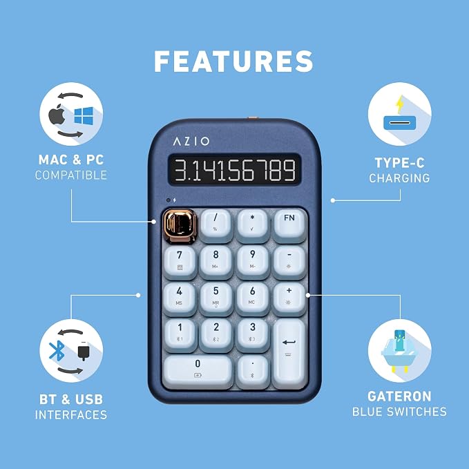 AZIO IZO Wireless Mechanical Calculator & Number Pad - Bluetooth 5.0 & USB, Gateron-Blue Mechanical Switch, 9 Backlight Modes, Rechargeable, PC & Mac Compatible, Blue Iris (IN105)