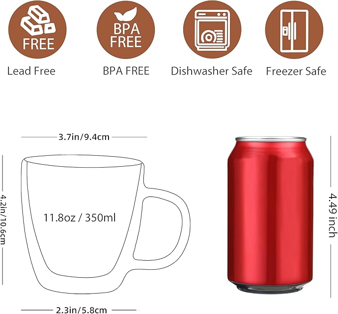 CNGLASS Glass Coffee Mugs 12oz,Double Walled Insulated Cappuccino Mug with Handle,Clear Espresso Cups for Cappuccino,Latte,Tea Bags,Hot and Cold Beverages,Set of 4