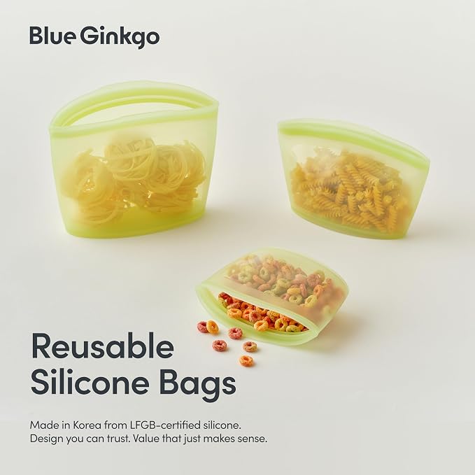 Blue Ginkgo Reusable Silicone Storage Bags – 3-Pack | Korean-Made Stand Up Food, Freezer Bags - Olive Green