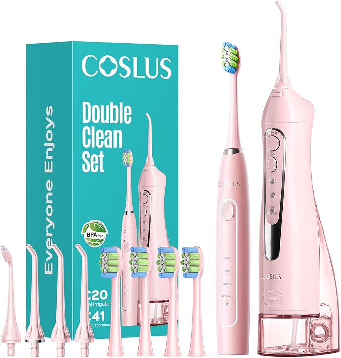 COSLUS C20C41 Water Flosser Electric Toothbrush Combo, 2-1 Oral Clean Kit | Brushing & Flossing for Teeth & Braces Cleaning, Gums Care, Portable Travel Use, Gift for Family, Adults, BPA-Free, Pink