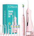 COSLUS C20C41 Water Flosser Electric Toothbrush Combo, 2-1 Oral Clean Kit | Brushing & Flossing for Teeth & Braces Cleaning, Gums Care, Portable Travel Use, Gift for Family, Adults, BPA-Free, Pink