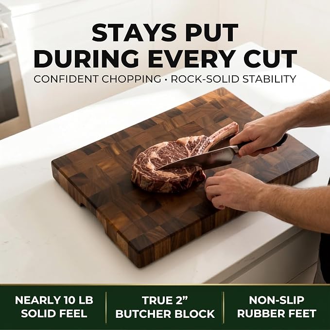 SHUMARU 17.3 × 12.6 × 2" End Grain Cutting Board, Professional Family Size Butcher Block, Thick Exotic Heartwood Chopping Block, Knife-Friendly Wood Cutting Board with Side Handles & Non-Slip Feet