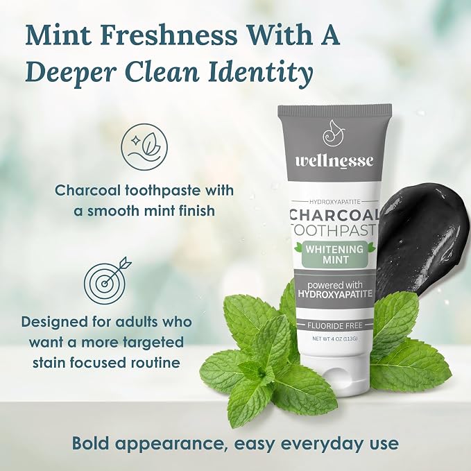 Hydroxyapatite Toothpaste, Charcoal, Whitening, Fluoride Free, Mint, 4 Oz | Wellnesse Activated Charcoal and Xylitol Formula, Adults, SLS Free, Remineralizing Enamel Care for Sensitive Teeth, Oral Care