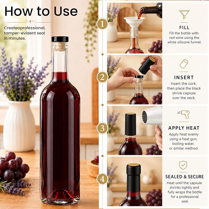 TBWIND 10 Pack 25oz (750ml) Clear Glass Wine Bottles with Airtight T-Top Corks & Shrink Capsules for Wine, Mead, Limoncello & Homebrewing, Includes Funnels & Brush