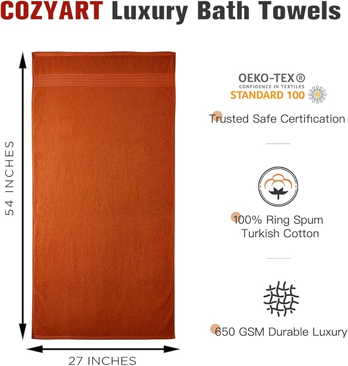 COZYART Luxury Bath Towels 2 PCS, Burnt Orange 100% Turkish Cotton | OEKO-Tex 100 Certified Zero Twist Ring Spun, Soft Absorbent Quick Dry, Plush Fluffy, Breathable Hotel Quality for Daily Use