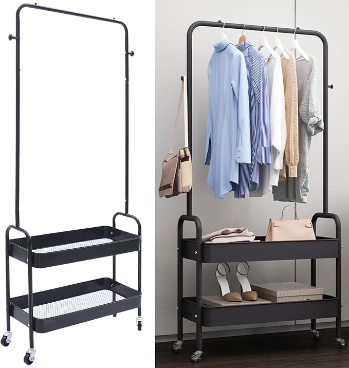 Clothing Rack, Portable Hanging Storage Organizer Garment Rack Clothing Racks with 2 Tier Basket Floor Standing Clothing Rack with Wheels for Home Bedroom Laundry (Black)