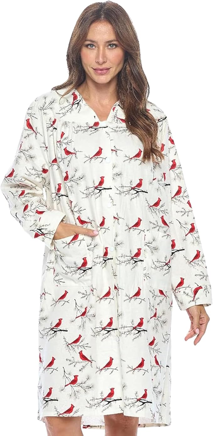 Casual Nights Women's Floral Snap Front Flannel Duster Long Sleeve Lounger Dress