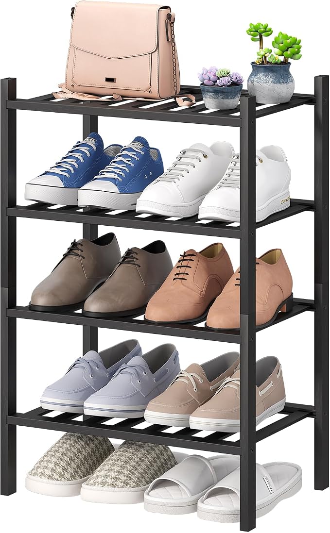 viewcare Black Small Shoe Rack for Entryway, 4-Tier Bamboo Shoe Organizer for Hallway Closet, Free Standing Shoe Racks for Indoor Outdoor
