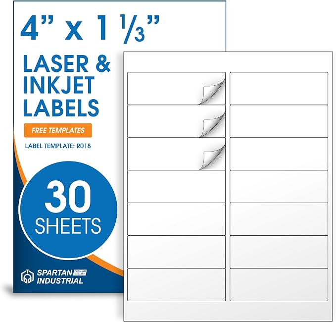 4" X 1.33" Matte White Printable Address Labels (30 Sheets, 420 Stickers) Mailing Labels for Envelopes, File Folder Stickers for Laser & Inkjet Printers - Spartan Industrial Template R018