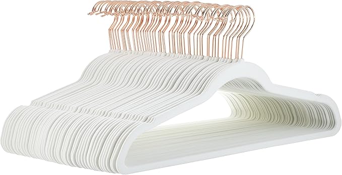 Amazon Basics Slim Velvet Non-Slip Space Saving Suit Clothes Hangers, Closet Organizer, Sturdy Construction, Ivory/Rose Gold, 50-Pack
