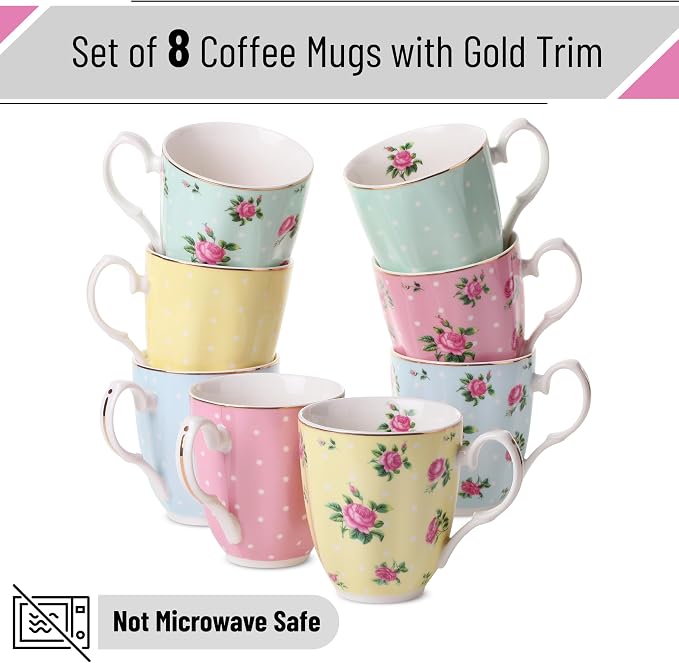 BTaT- Royal Coffee Mugs, 12 oz, Set of 8, Porcelain Bone China, Tea Mug, Large Coffee Mugs for Coffee Cups Set, Tea Cups