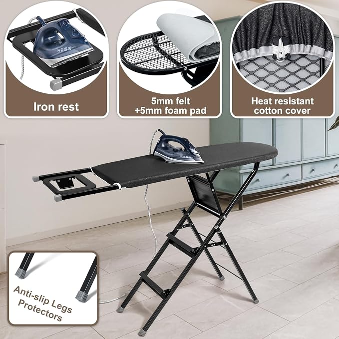 Duwee 13" ×39" Ironing Board & Ladder with Iron Rest | 2 in 1 Multifunction Ironing Boards with Heat Resistant Cover and Thicken Padding,Heavy Sturdy Legs and Foldable,Black