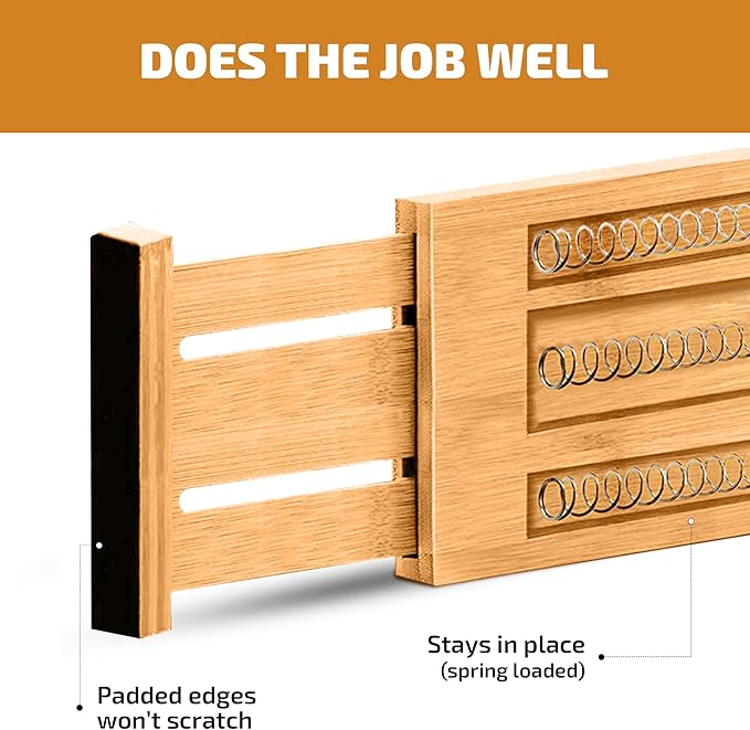 6 Pack Bamboo Drawer Dividers - 4 Inch High, Adjustable 11.5 to 17 Inch Expandable Kitchen Drawer Organizer, Spring Loaded Dresser Separator for Utensils, Clothes, Bedroom, Bathroom, Nursery, Office