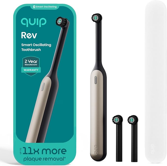 Quip Rev Smart Oscillating Toothbrush - Timed Electric Toothbrush with Case - 11x More Plaque Removal - 4 Intensities - 30-Day Battery Life Charge - Black Crescent