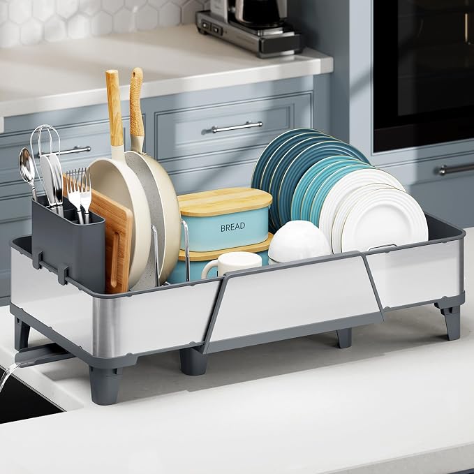 Urackify Expandable Dish Drying Rack for Kitchen Counter, 16.5"-24.2", Gray | Triple Extendable Rust-Resistant Stainless Steel Sink Dish Drainers with Utensil & Pans Holder for RV, Appartment