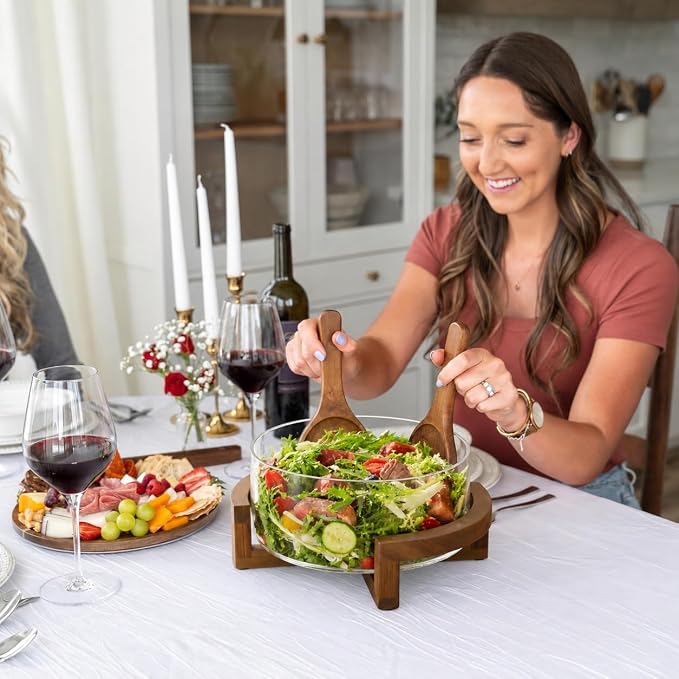 X-Large 6.5 L Glass Salad Bowl with Lid Set, Decorative Glass Mixing Bowl, Trifle and Serving Bowls with Lids as Cheese Charcuterie Board and Plate, Comes with Wood Serving Utensils