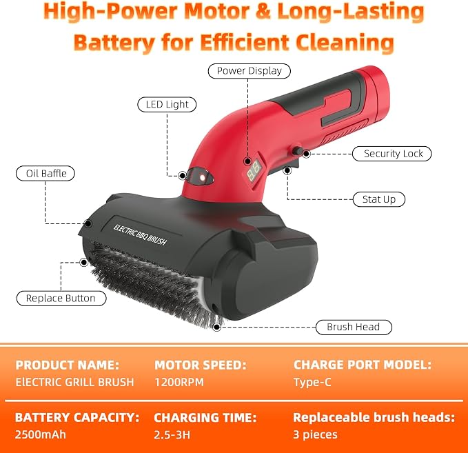 Electric Grill Brush for Outdoor, Upgraded BBQ Grill Cleaner with 3 Heads, 1200 RPM Speed, 304 Stainless Steel Bristle, Cordless & Type-C Rechargeable Grill Cleaning Tool