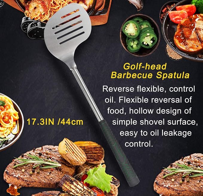 POLIGO 7PCS Golf-Club Style BBQ Tool Set Grilling Tools with Rubber Handle - Stainless Steel Grill Accessories for Outdoor Grill Set Premium Grill Utensils Set Fathers Day Birthday Gifts for Men Green