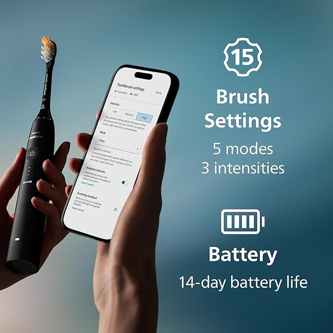 Philips Sonicare DiamondClean 9900 Prestige Electric Toothbrush - with SenseIQ Technology and Advanced AI App, 5 Brushing Modes, 3 Intensity Levels, Charging Travel Case, Quartz Black, Model BD7001AZ