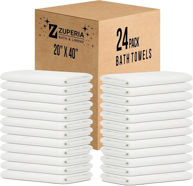 ZUPERIA White Bath Towels Bulk 24 Pack (20 x 40 Inches) - 100% Cotton Economy Light Weight Towels for Commercial Use - Quick Dry, Ultra-Soft, and Absorbent Bulk Towels