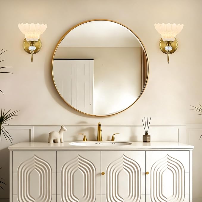 1 Piece Vintage Wall Sconce, 1-Light Brushed Gold Finish Wall Sconce with Hanging Crystal Accents and Flower-Shaped White Shades for Bathroom Bedroom Living Room,Vintage Vanity Light