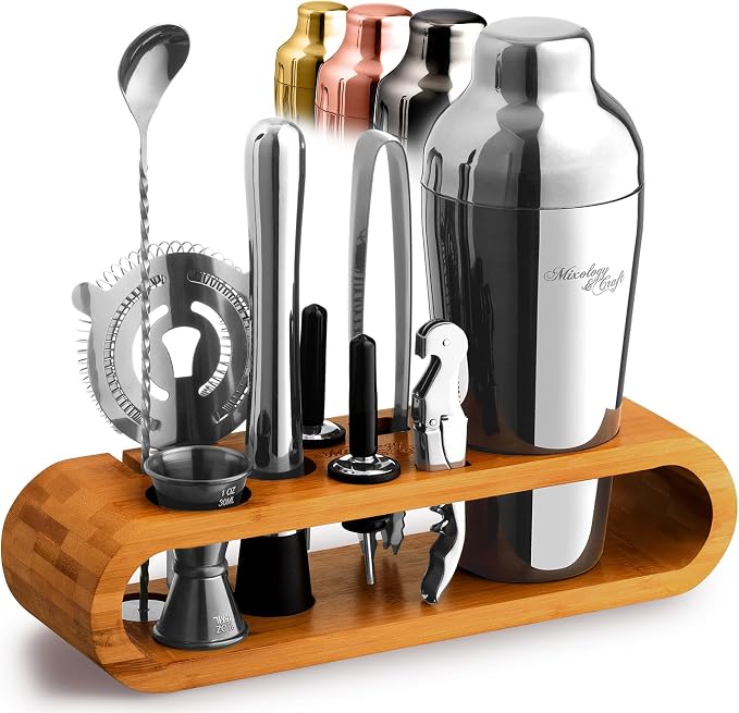 Mixology Cocktail Shaker Set - 10-Piece Cocktail Making Set - Home Bartender Kit in Bamboo Stand with Spoon, Boston Shaker, Other Tools for Drink Mixing, Martini, Mocktail - Gift Set (Silver)