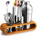 Mixology Cocktail Shaker Set - 10-Piece Cocktail Making Set - Home Bartender Kit in Bamboo Stand with Spoon, Boston Shaker, Other Tools for Drink Mixing, Martini, Mocktail - Gift Set (Silver)