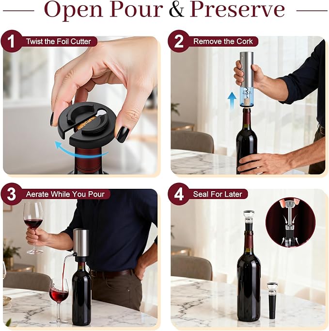 7-in-1 Electric Wine Opener & Aerator Set, Rechargeable Automatic Corkscrew, Wine Aerator, Vacuum Stoppers, Dispenser, Foil Cutter, Gift for Wine Lovers, Housewarming, Birthday, Wedding or Anniversary