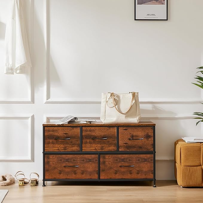 OLIXIS 5 Drawer Dresser for Bedroom, Wide Fabric Storage Tower, Brown | Closet Chest Organizer Furniture, TV Stand for Living Room, Wooden Top and Metal Frame